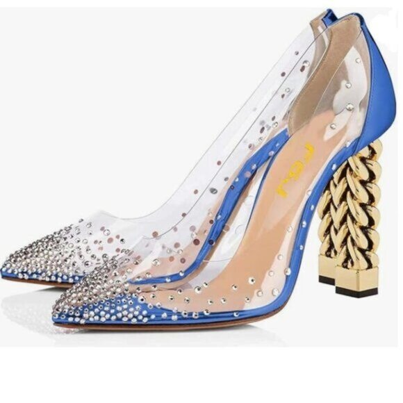 FSJ Blue Golden Block High Heel Clear Pump Pointed Toe Slip On Dress Party Shoes - Picture 1 of 8